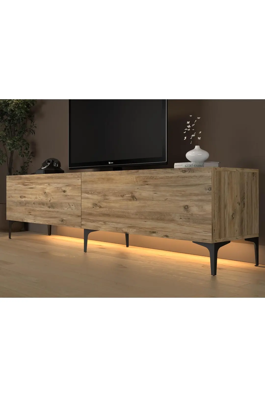 Napoli 200 Cm Led Işıklı Geniş Dolaplı Minifiksli Tv Ünitesi - Tv Sehpası - Atlantik Çam